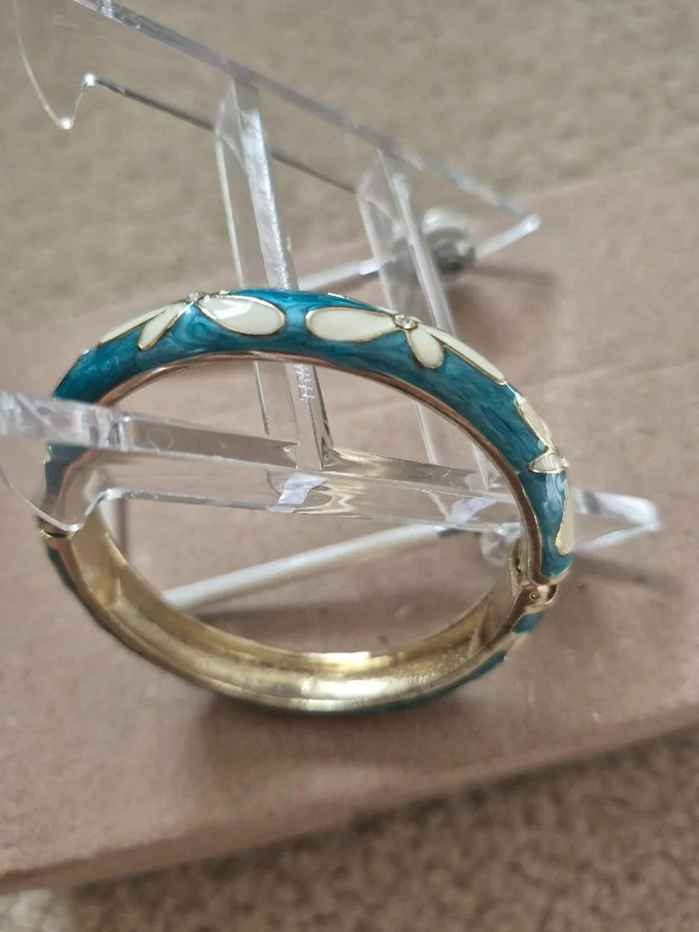 Aolani Turquoise Enamel Bangle Bracelet Plumeria Flower w/Cubic Zirconia Mint!